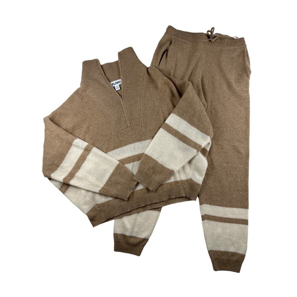 Filoro- Cashmere Half Zip and Joggers in Brown and White Stripe